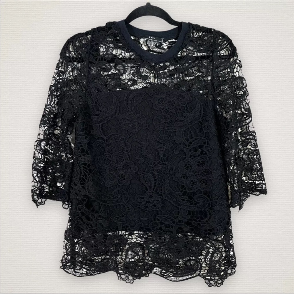 Woman's Zara Medium Floral Lace Overlay 3/4 Sleeve Knit Blouse Top Black